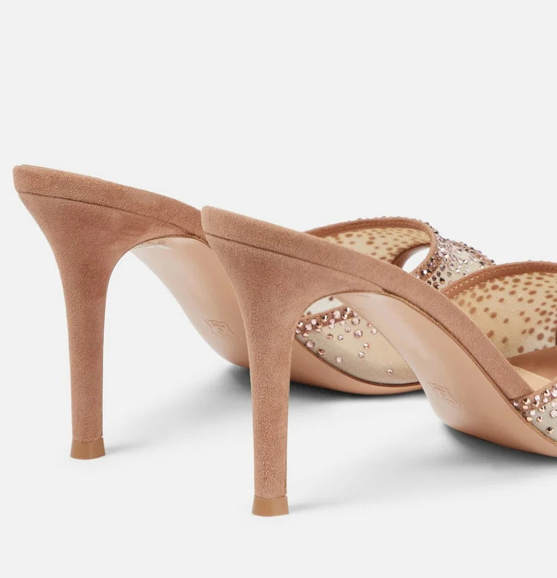 Aiertu  -  European Style Fashion Stiletto Rhinester High-heeled Slippers Pointed Open-toed Slip-on Slides Aiertu