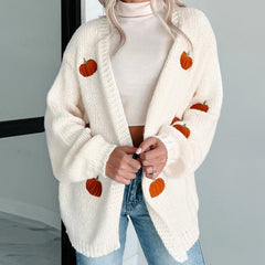 Aiertu  -  Pumpkin Embroidery Long Sleeve Loose Sweater Coat Women's Open Front Knitted Cardigan for Spring Fall Oversized Knitwear Outwear Aiertu