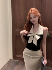 Aiertu  -  Bow temperament collar hanging neck vest satin fish tail half skirt two-piece set women's summer fashion beautiful set Aiertu