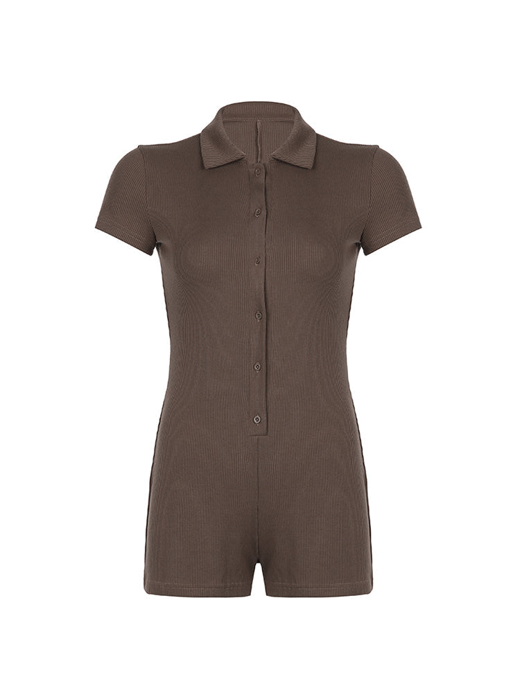 Aiertu - summer inspo Solid Button Up Turn Down Collar Short Sleeve Slim Ribbed Rompers Womens Playsuit Basic Vintage Casual Summer Shirts Aiertu
