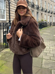 Aiertu  -  Autumn Women Turndown Collar Faux Fur Casual Jacket Fashion Long Sleeve Warm Cropped Female Coat New Lady Chic Streetwear Aiertu
