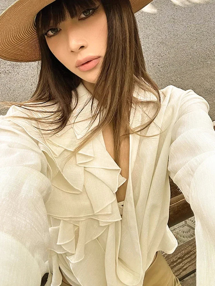 Aiertu  -  Deep V-Neck Hollow Lace Top For Women Mesh Sexy See Through T-Shirt Pullover Loose Ruffled Splice Long Sleeve Top Fashion Aiertu