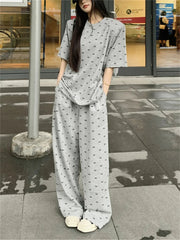 Aiertu  -  Summer Casual Suits Women Loose Printed Bow T-Shirts Daily Chic Office Lady 2026 High Street Wide Leg Pants Sets Aiertu