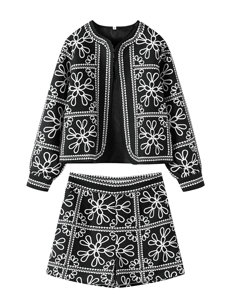Aiertu  -  Casual Printed Jacket Shorts Set Women O-neck Long Sleeve Cardigan High Waist Shorts Suit Female Autumn Lady High Street Outfit Aiertu