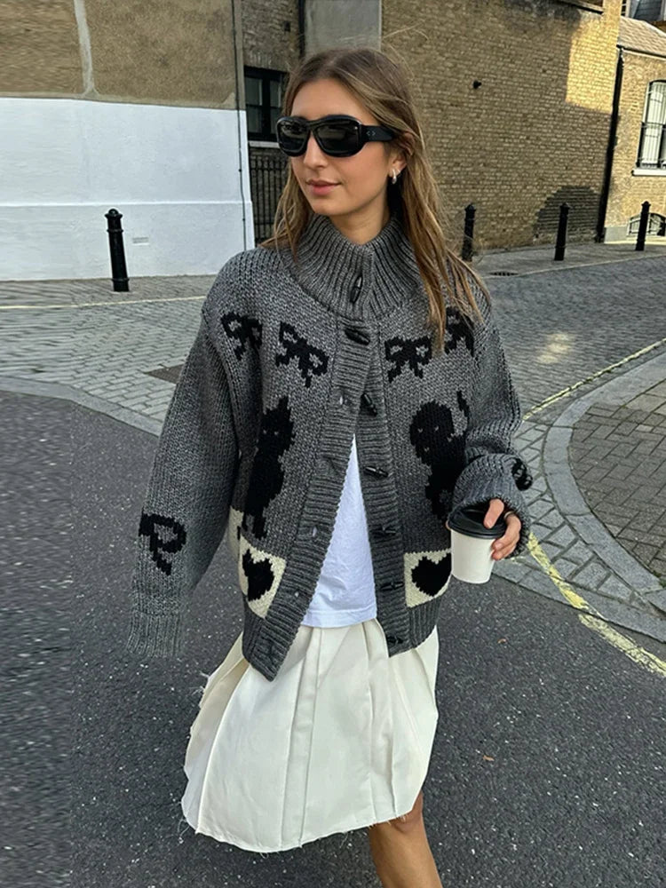 Aiertu  -  Print Cat Cartoon Women Sweater Heart Knit Pocket Female Cardigan Fashion Elegant Single Breasted Loose O-neck Lady Coat Aiertu