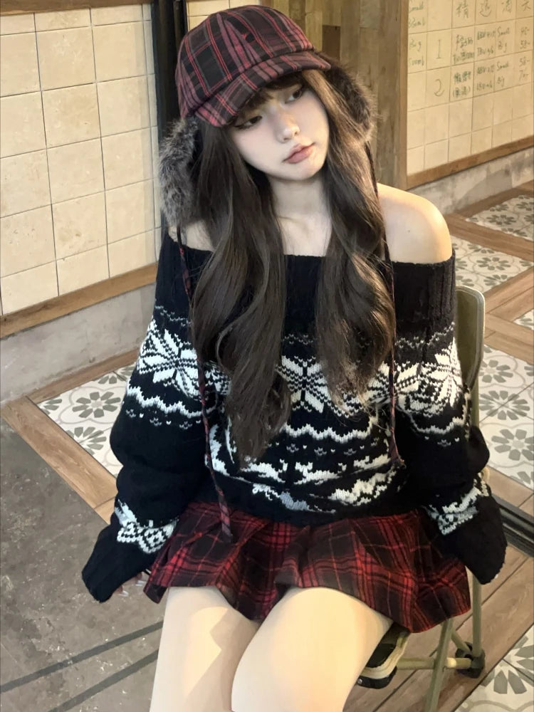 Aiertu  -  Streetwear Y2k Aesthetic Jacquard Sweater Gothc Women Slash Neck Vintage Loose Jumper Harajuku Loose Knitwear Grunge Pullover Aiertu