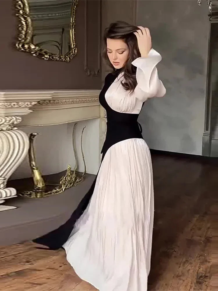 Aiertu  -  Fashion Patchwork Pleated Long Sleeve Dress Women Fashion Half High Collar Evening Dresses 2026 Autumn New Lady Party Long Robes Aiertu