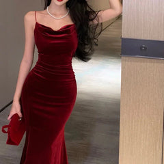 Aiertu Vintage Sexy Club Prom Red Dresses for Women Spaghetti Strap Slit Velvet Dress Beach Bandage Bodycon Midi Dress Party Elegant Aiertu