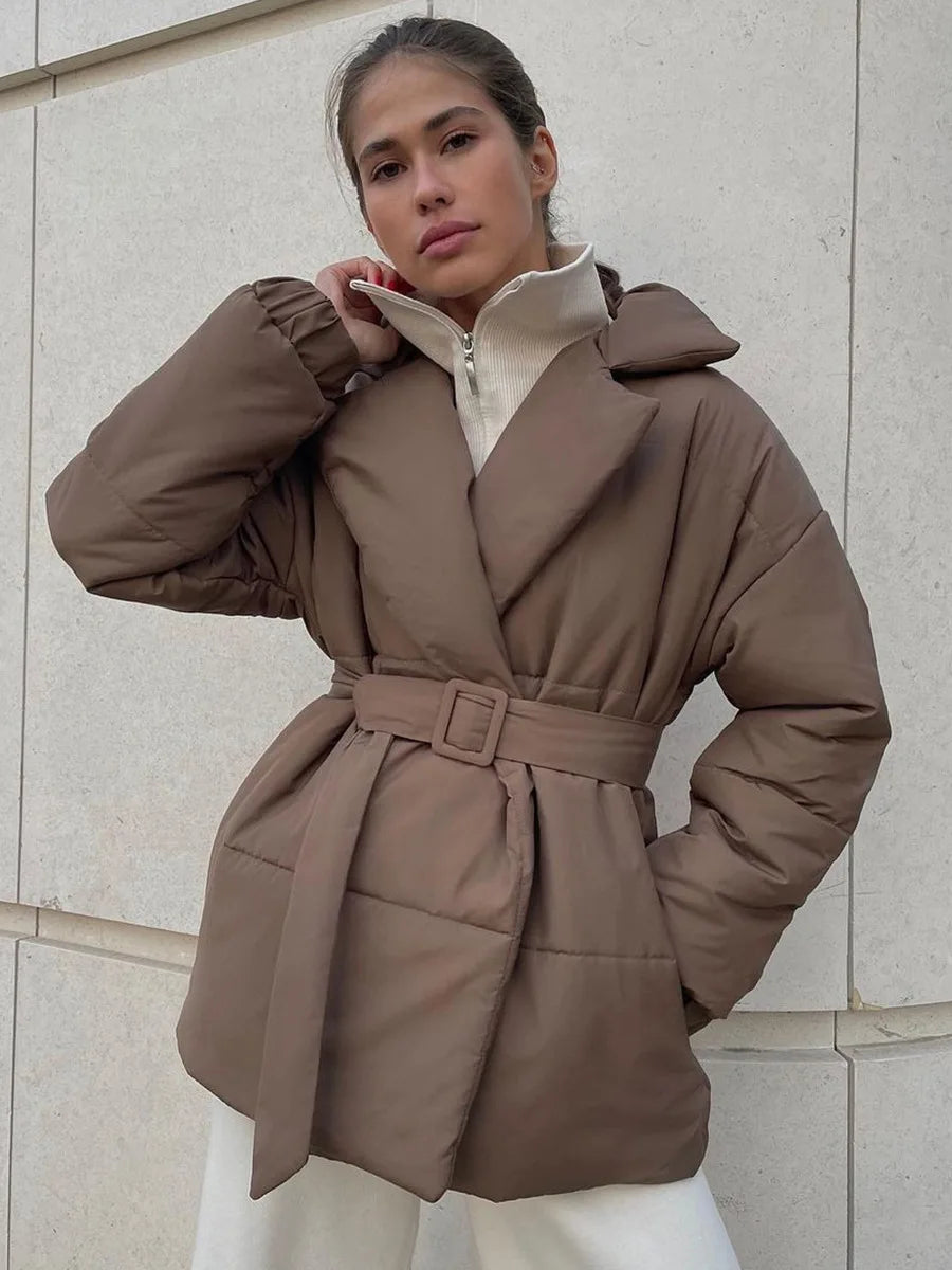 Aiertu  -  Fall Winter Thickened Lapel Cotton Jackets Coat For Women Solid Color Lace Up Waist-Cinching Casual Cotton-Padded Jacket Aiertu