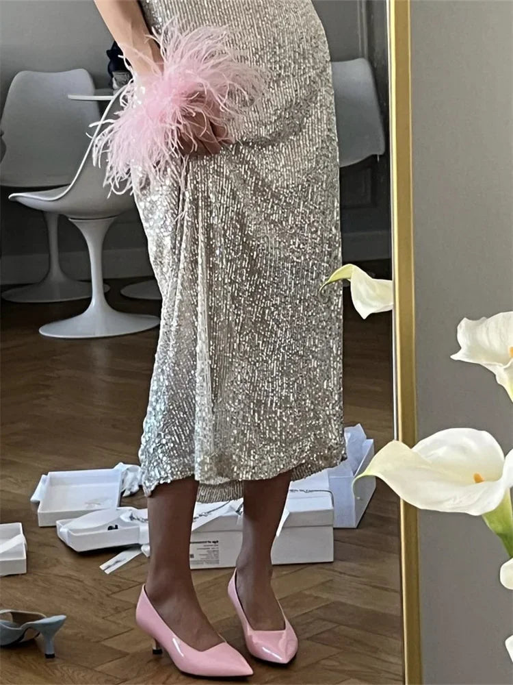 Aiertu  -  Women Sequin Midi Skirts Low Waist Straight Long Skirts Summer Party Club Beach Sexy Elegant Skirts See Through Bikini Cover-ups Aiertu