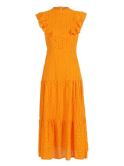 Aiertu  Bohemian Solid Hollow Out Elegant Women Dress O Neck Flying Sleeve Button Long Dress Summer Chic Casual Beach Women Clothing Aiertu