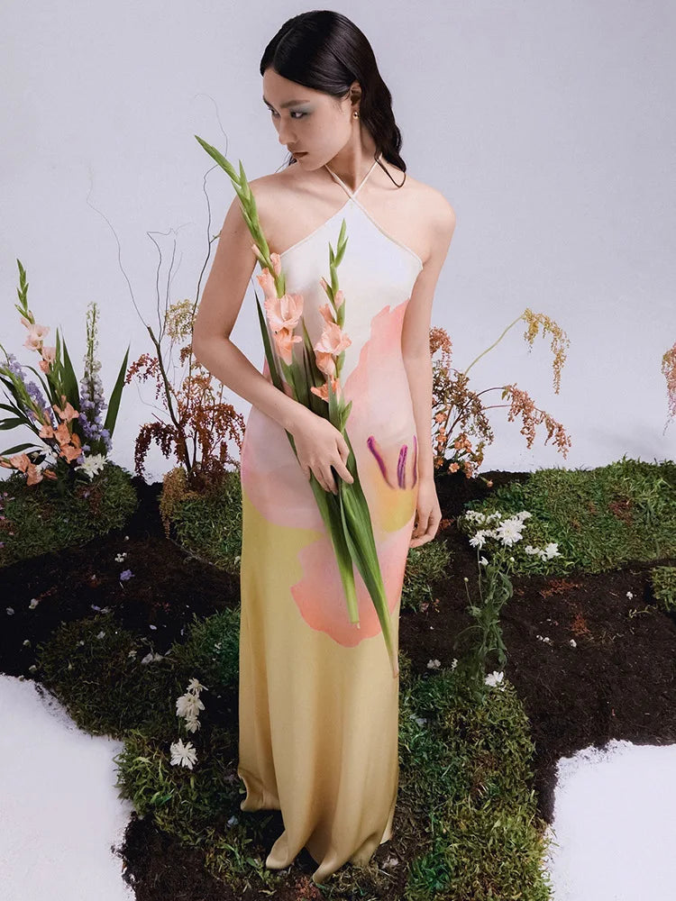 Aiertu  -  Fashion Printed Backless Maxi Dress Female Summer 2025 Slim Sleeveless Contrast Loose Halter Dress Women's Y2k Long Dress Aiertu