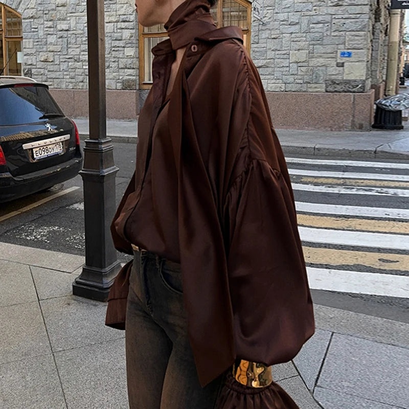 Aiertu  -  cold weather outfits Fashion Flare Sleeve Blouse Shirt with Scarf Y2K Women Vintage Brown Oversized T-shirt Casual Top Autumn Streetwear Aiertu