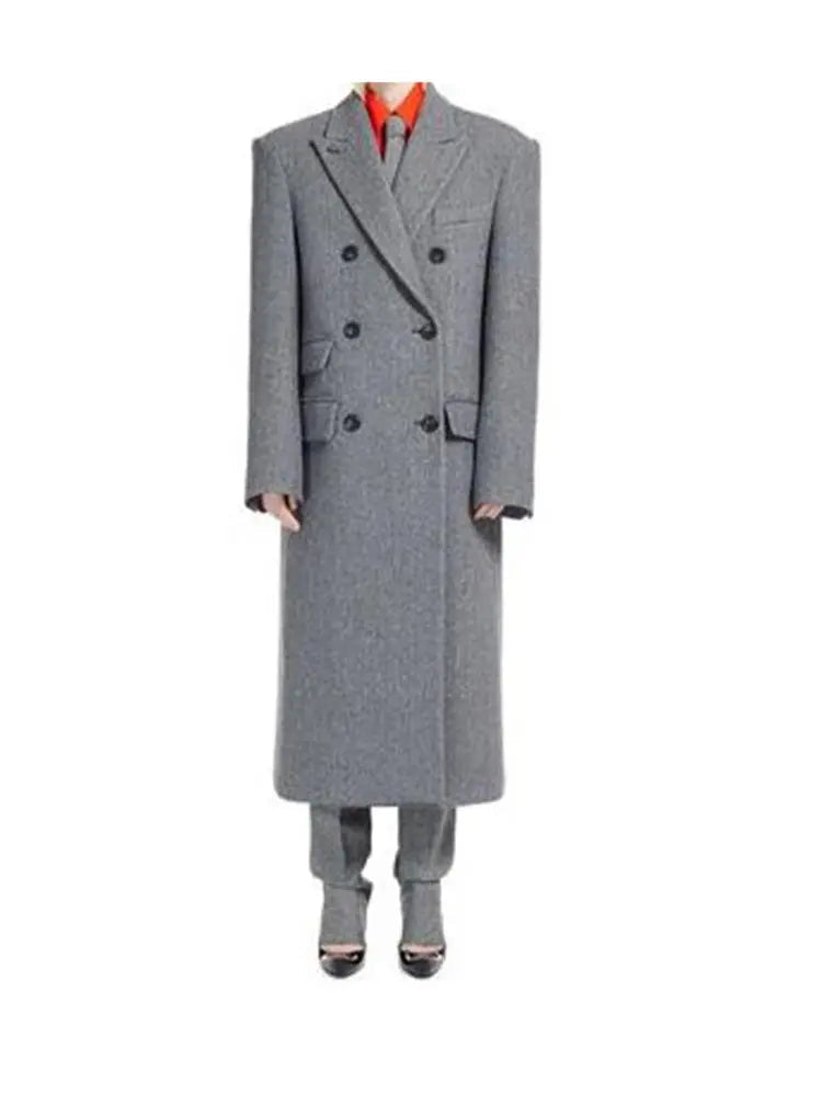 Aiertu  -  Fashion Grey Double-breasted Woolen Overcoat Women Elegant Lapel Long Sleeves Shoulder Pads Coat 2026 New Lady Commute Outerwear Aiertu