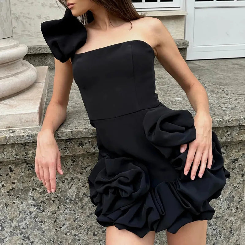 Aiertu Women Mini Dress Sexy Strapless Sleeveless Ruffles Dresses High Waist One Shoulder Elegant White Temperament Bodycon Vestidos Aiertu