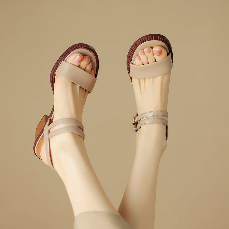 Aiertu  New Fashion Sandals Women Cow Leather Solid Color Magic Strap Elegant Ladies Outdoor Summer Retro High Heel Shoes Handmade Aiertu