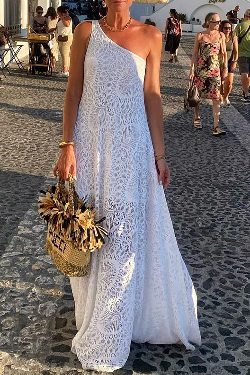 Aiertu  -Sexy Solid Color Lace Slit Sloping Shoulder Long Dresses aiertu