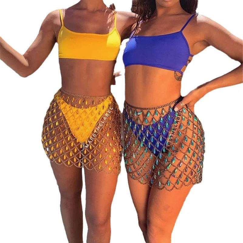 Aiertu  -  Europe America Fashion Sexy Net-like Skirts for Women Colorful Pendant Metal Chain Apron Spicy Girl Y2k Clothing Accessories Aiertu