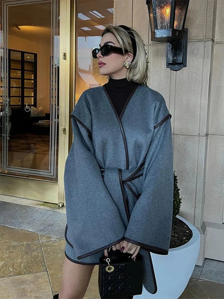Aiertu  -  Fashion Gray Woollen Woollen Short Overcoat With Belt Casual V Neck Long Sleeves Pocket Cardigan Autumn Chic Lady Street Coat Aiertu