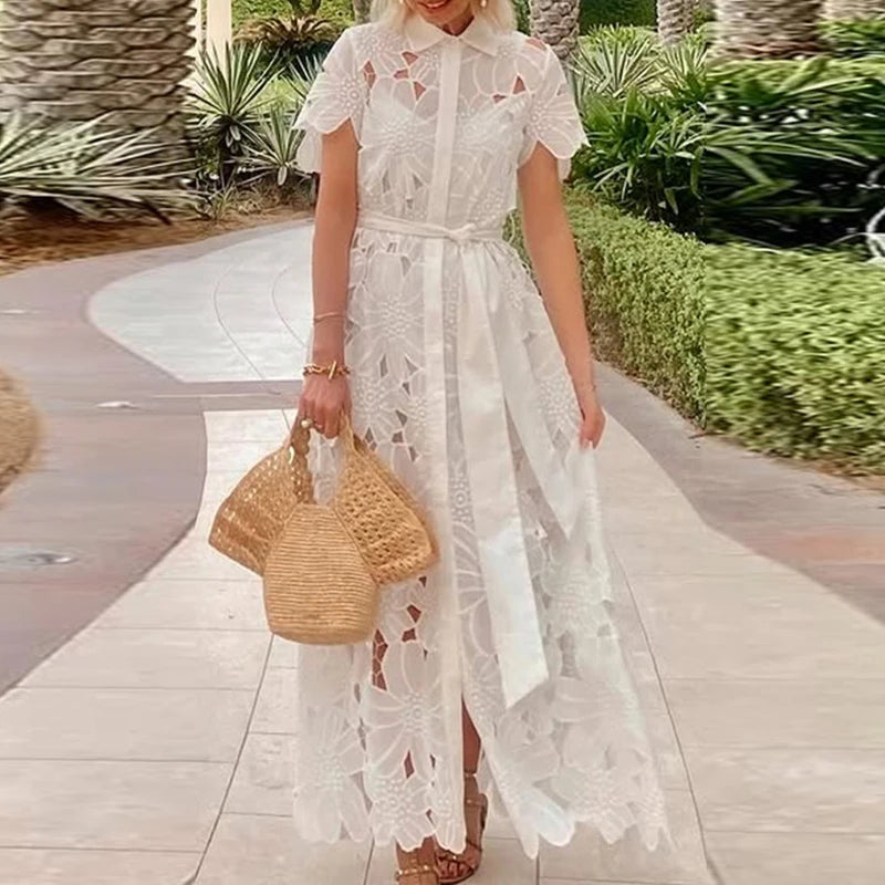 Aiertu  -  Summer Women's Lapel Tie Up Lace Dress Sexy Hollow Short Sleeved Single Breasted Long Dress Casual Solid Color Holiday Dresses Aiertu