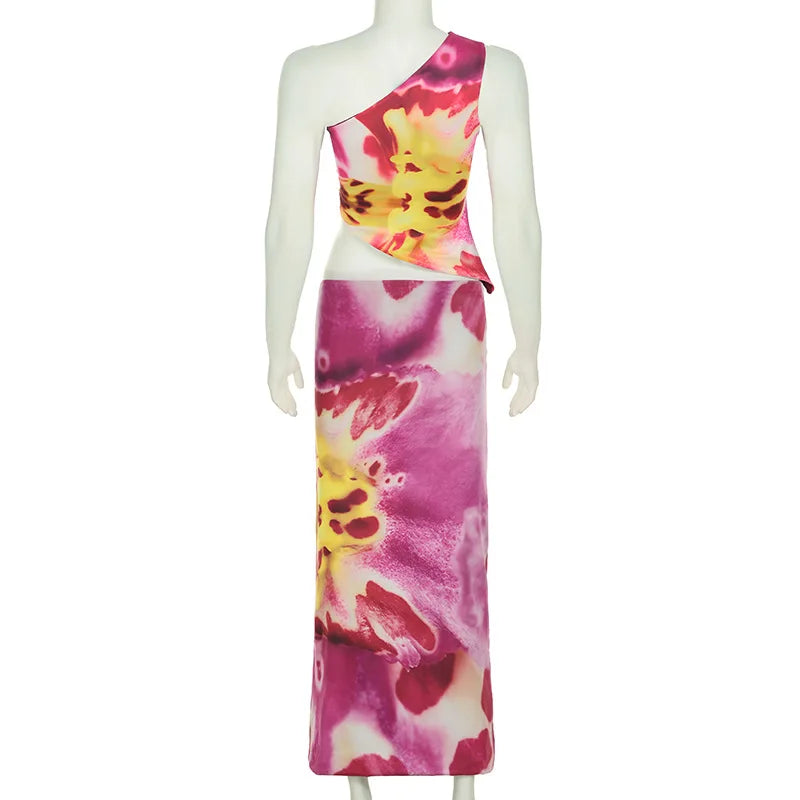 Aiertu  -  Floral Print Two Piece Summer Set One Shoulder Crop Top and Long Skirt Matching Vacation Sets Woman P84-EC39 Aiertu
