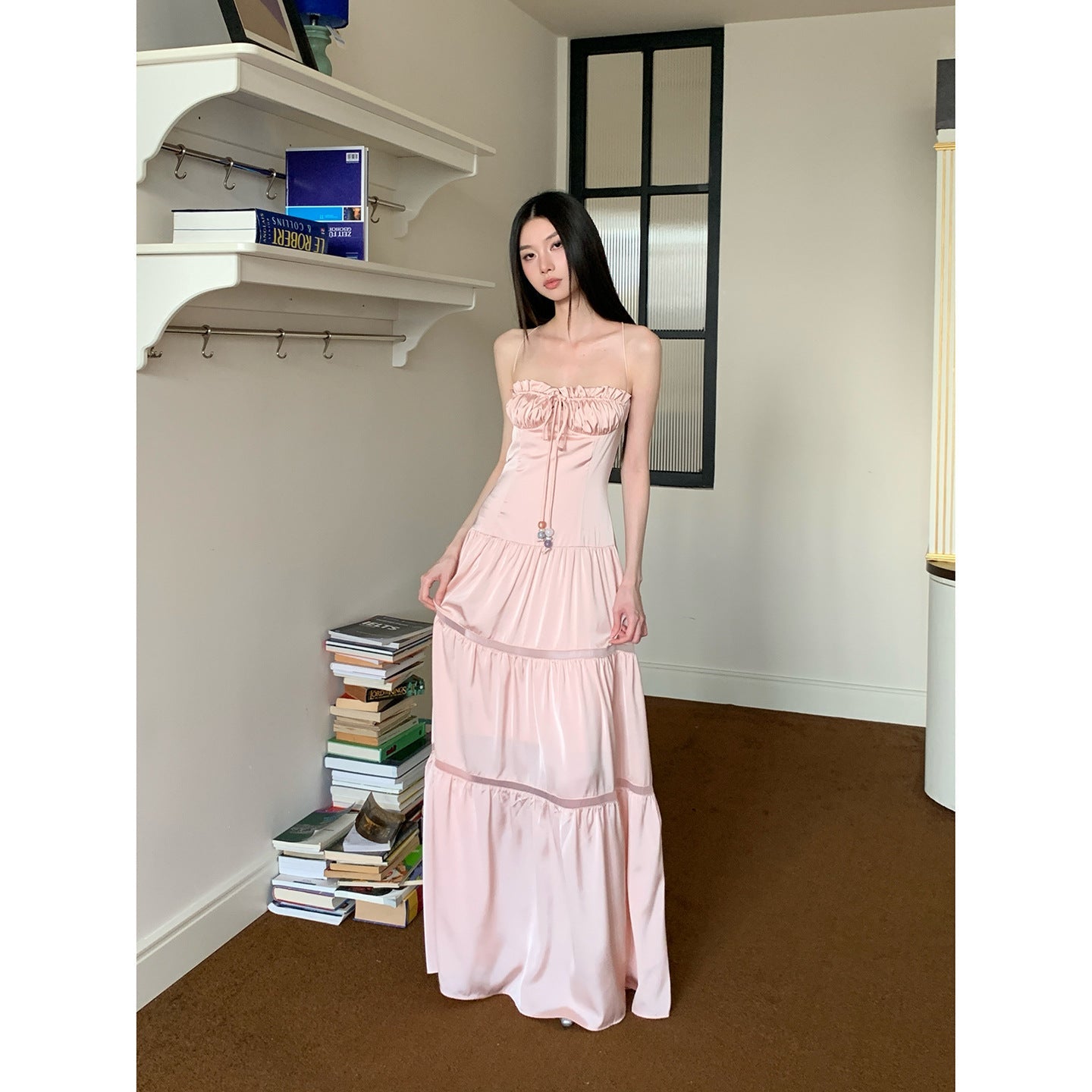 Aiertu  Shirred Lace-Up Tube Top Suspender Dress for Women Hollow Splicing Long Skirt Pink Island Resort Style Satin 1688