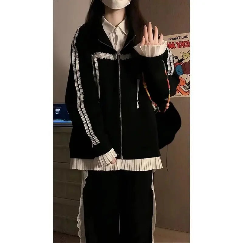 Aiertu  -  Japan Preppy Style Office Lady Patchwork Lace Appliques Coats Harajuku American Vintage Y2k 2000s Sweatshirts Punk Loose Clothes Aiertu