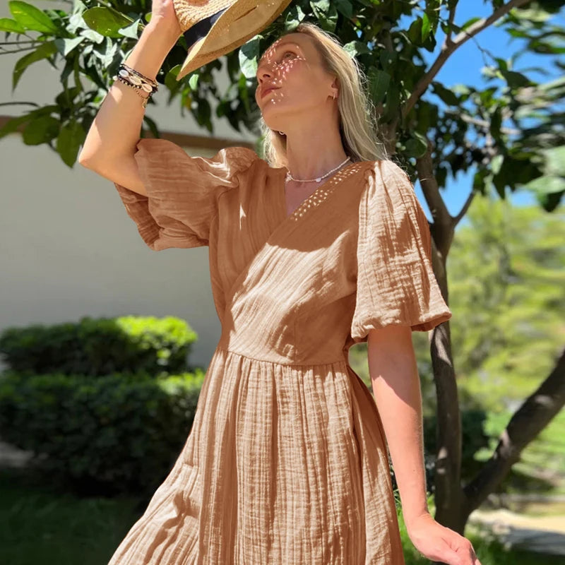 Aiertu  -   Gauze Long Dress For Women Sexy V-Neck Sweet Puff Sleeve Bandage Chic Elegant Party Beach Sundress Aiertu