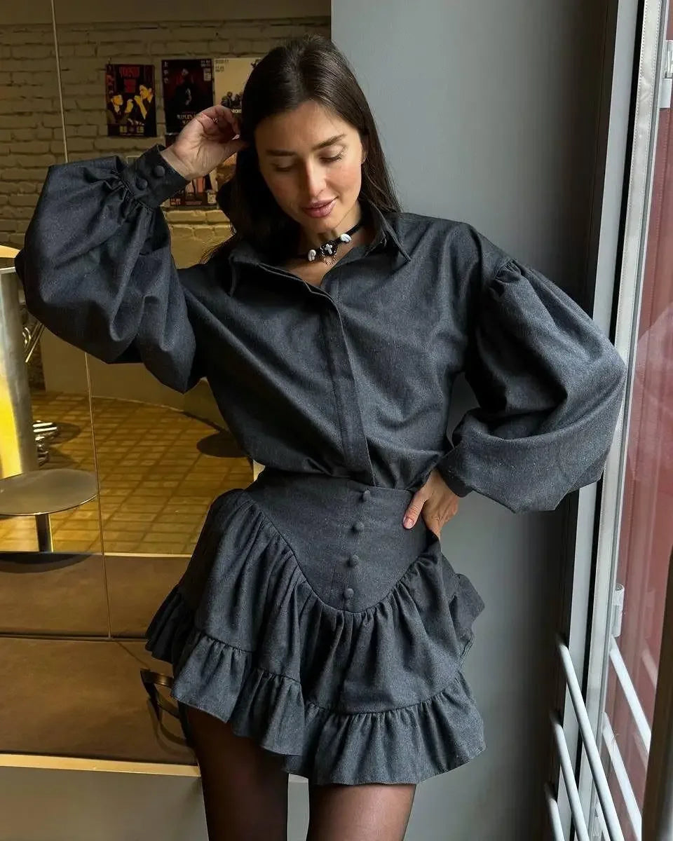 Aiertu  Fashion Retro Women Skirts Sets Pattern Long Sleeve Button Shirts Top High Waist Ruffle Hem Mini Skirt Set 2025 New Lady Outfits Aiertu