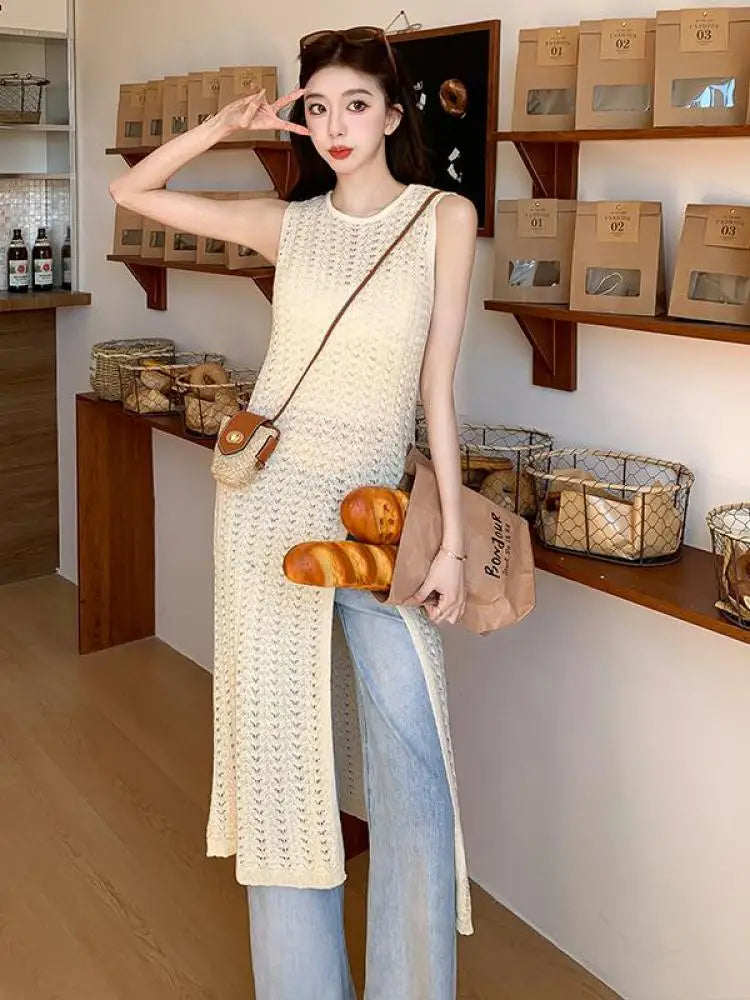 Aiertu  -  Korean Version Women Black Hollow Out Split Long Dress 2024 Summer Round Neck Sleeveless Knitted Vest Dress Casual Trendy Simple Aiertu