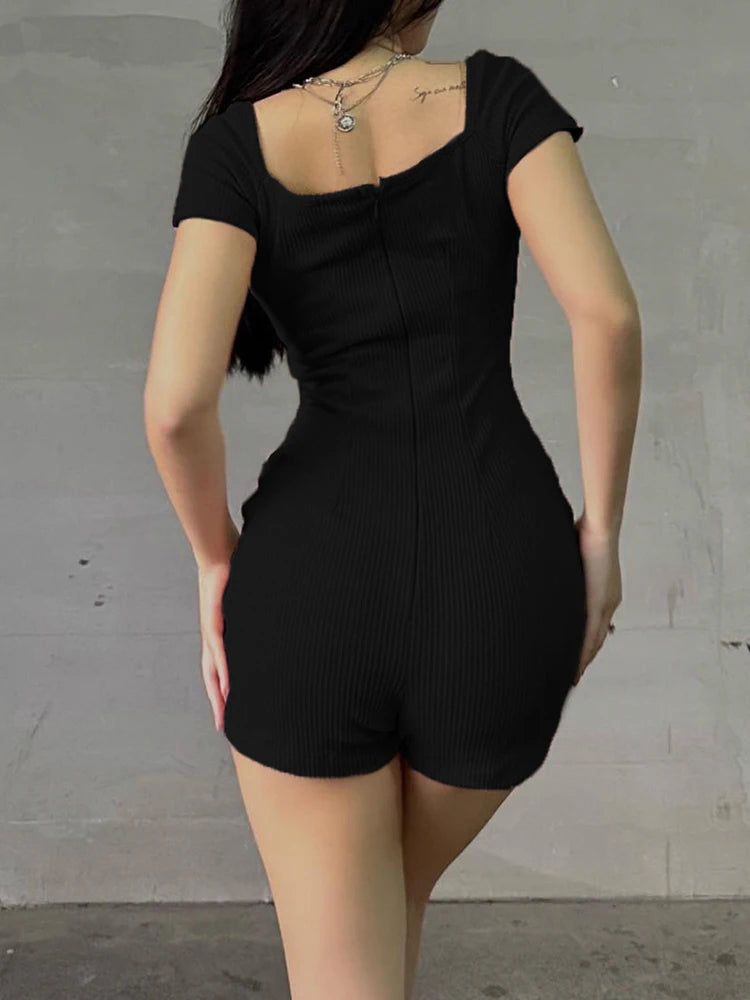 Aiertu  Sporty Activewear Basic Solid Playsuits Sexy Slim Square Collar Short Sleeve Rompers Women Summer Fashion Streetwear Aiertu
