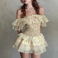 Aiertu  Off Shoulder Sexy Floral Print Mesh Bow Fashion A-line Bodycon Pleated Mini Dress Summer New Sweet Cute Party Vestidos Aiertu