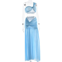 Aiertu  -  Sexy Mesh Patchwork Double-layer Pleated Women Suit Irregular Top Half Body Long Skirt Two-piece Set Party Beach Holiday Aiertu