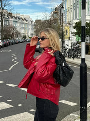 Aiertu  -  Autumn Winter Red Leather Zipper Short Jacket Women's Casual Long Sleeves Loose Coats 2026 New Ladies High Street Outerwear Aiertu