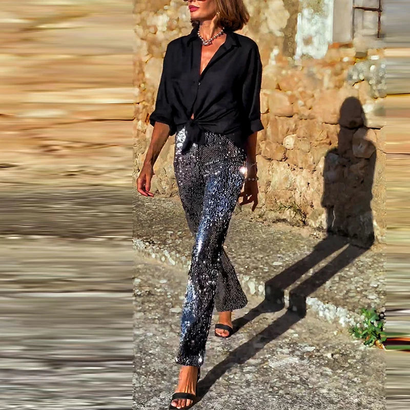Aiertu  -  Casual High Street Party Trousers Fashion Shiny Sequins Slim Fit Straight Long Pants Women Elegant Elastic Waist Wide Leg Pants Aiertu