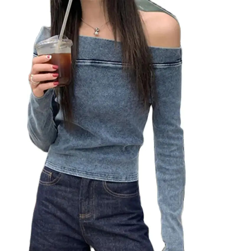 Aiertu  -  2026 High Street Tees Sexy Off Shoulders Women Spring Vintage Casual Slim Full Sleeve New Slash Neck Party T-shirts Aiertu