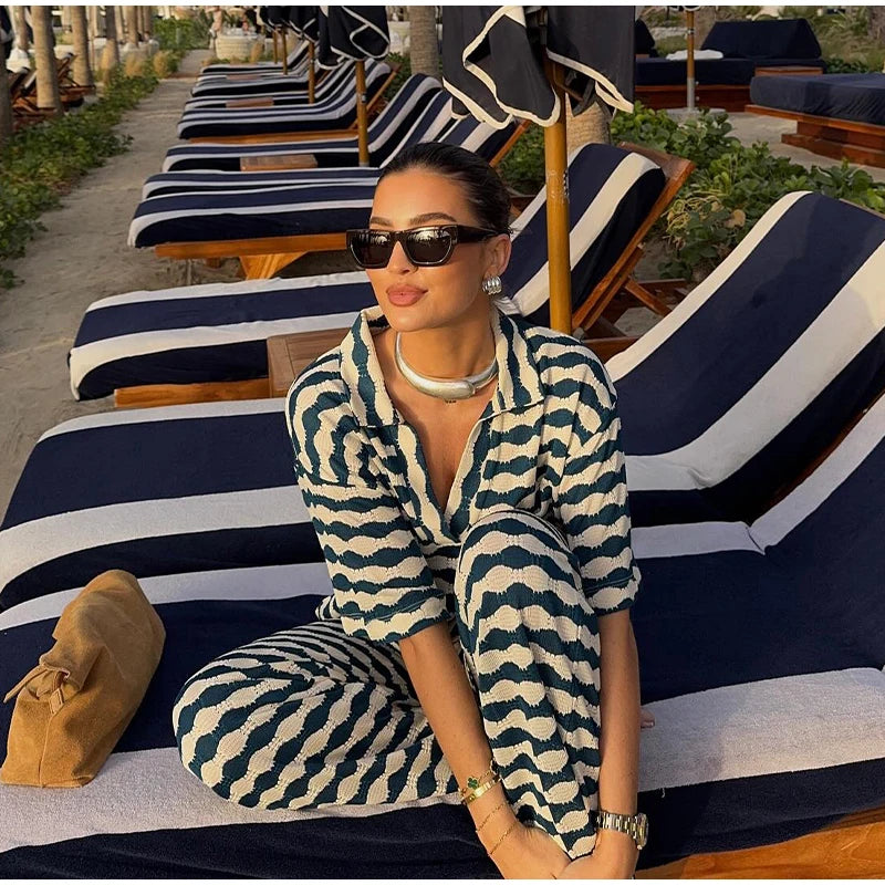 Aiertu  -  Stripe Pant Women's Suit Casual Laple Short Sleeve Tees Set Loose Waist Wide Leg Pants Female Set Summer Lady Street Outwears Aiertu