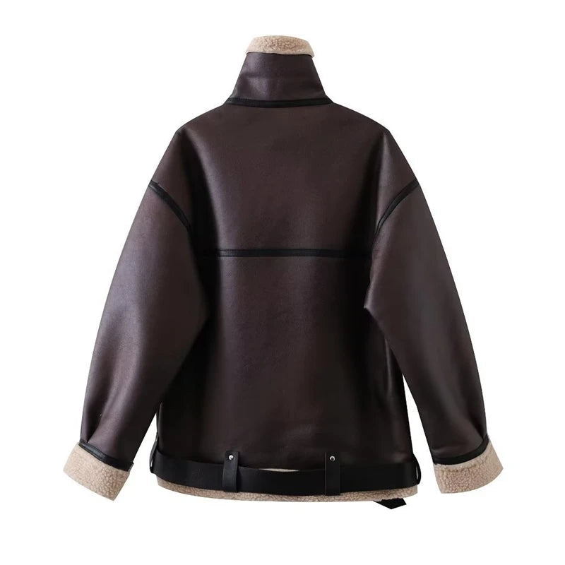 Aiertu  -  Women Faux Lamb Fur Leather Short Jacket Lapel Zipper Bomber Outwear Faux Suede Lapel Coat Warm Biker Motor Aviator Coat Aiertu