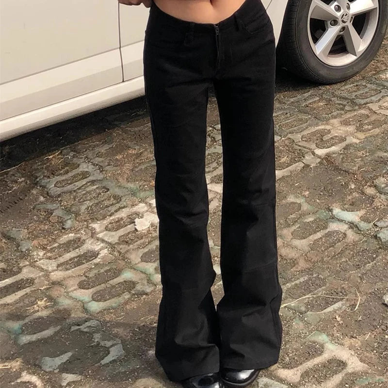 Aiertu  -  Y2K Low Waist Flare Jeans High Street Fashion Women Black Denim Trousers Vintage Slim Fit Zipper Front Pants Spring Aiertu