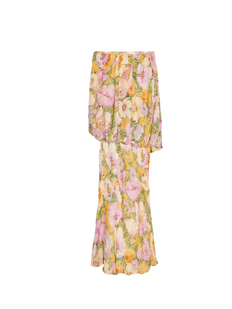 Aiertu  -  Strapless Layered Printed Dress Flower Off Shoulder Backless Layers Slimming Seaside Beach Women Long Dress Fashion Robes Summer Aiertu