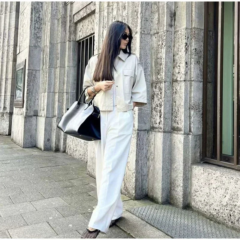 Aiertu  -  Fashion Lapel Spliced Coats Women Casual Single-breasted Pockets Short Sleeve Female Jacket Autumn Lady Solid Loose Outwear Aiertu