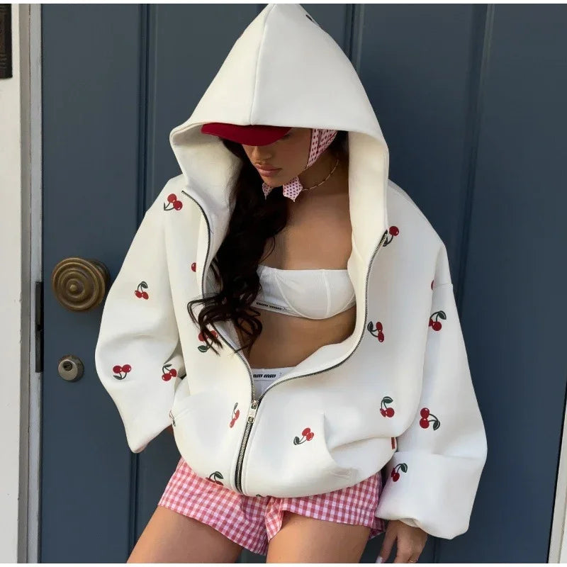 Aiertu  -  Cherry Printed Sweatshirt  Women Hooded Zipper Full Sleeve Thicken Lady Coats 2025 Spring Autumn Fashion Female Jacket Tops Aiertu
