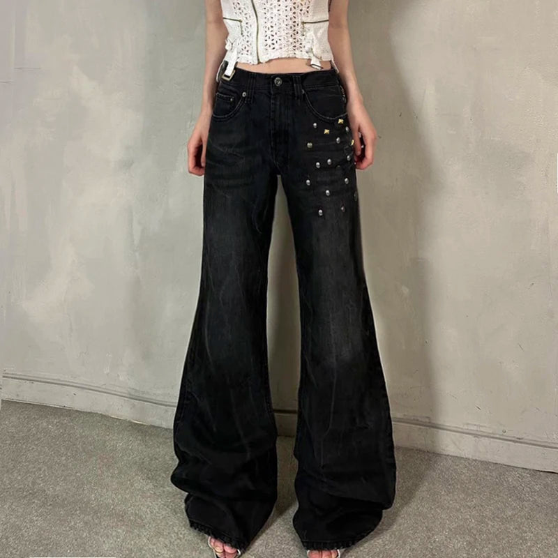 Aiertu  -  Grunge Aesthetic Flare Jeans Rivet Detail Y2K Fashion Retro Loose Fit Denim Pants High Street Punk Trousers Spring Aiertu