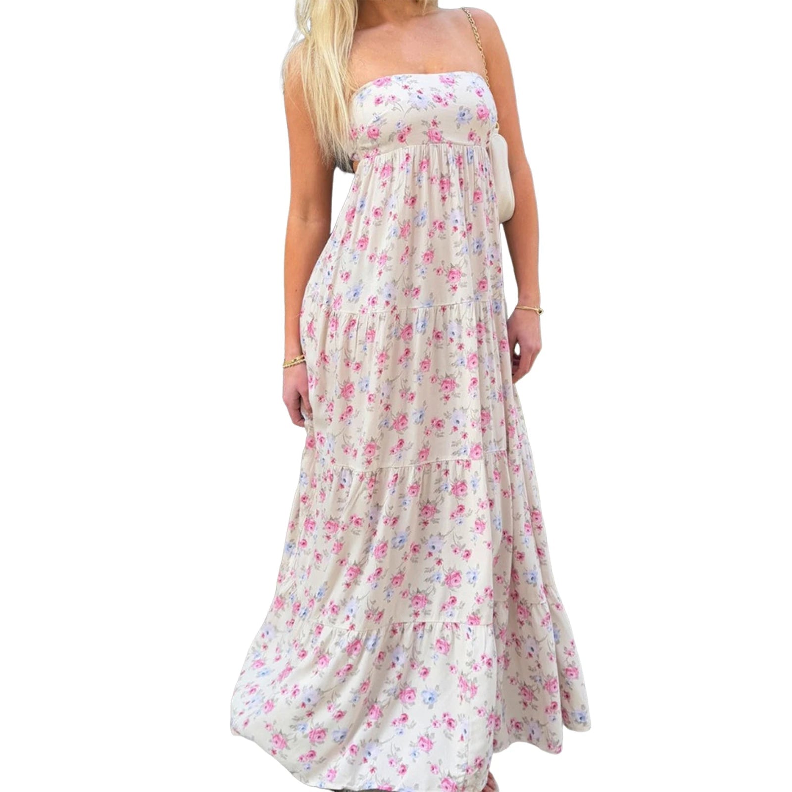 Aiertu  -  Elegant Off-Shoulder Maxi Dress with Boho Floral Print and Lace-Up Back Detail for Summer Wedding Party or Vacation Beachwear Aiertu