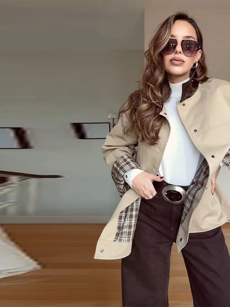 Aiertu  -  Patchwork Vintage Pu Jacket Women Loose Stand Collar Long Sleeve Button Khaki Coats Spring Chic Street Outwears Lady 2025 Aiertu