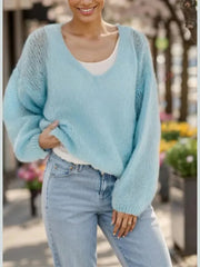 Aiertu  -  Fashion Blue V Neck Long Sleeve Sweater For Women Elegant Soft Warm Knitted Pullover 2026 Chic Lady Commuting Streetwear Aiertu