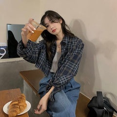 Aiertu Harajuku Crop Plaid Shirts Women Vintage Long Sleeve Loose Sunscreen Blouses Korean Fashion Casual All Match Top Thin Coat Aiertu
