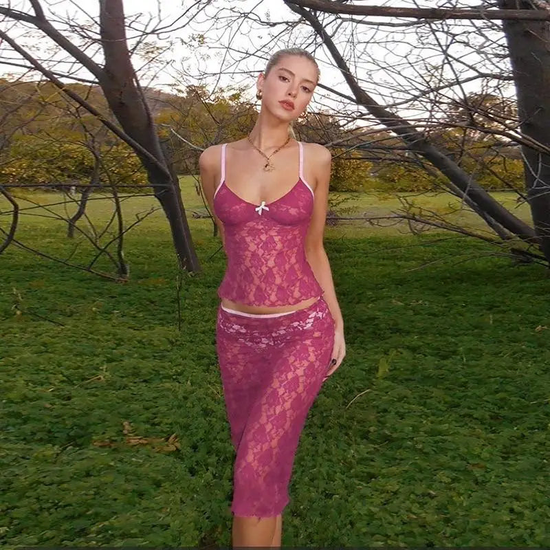 Aiertu  -  Two-Piece Set with Spaghetti Strap, Sleeveless Backless, Lace Slim Crop Top, Camisole, Hip Midi Skirt, Rose Red Aiertu