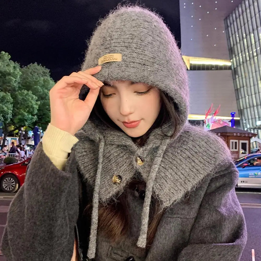 Aiertu  -  Winter Balaclava Hat Warm Knitted Women's Hood Hat Caps Cap Outdoor Pullover Color One-piece Solid Neck Cashmere Pullover Hat Aiertu
