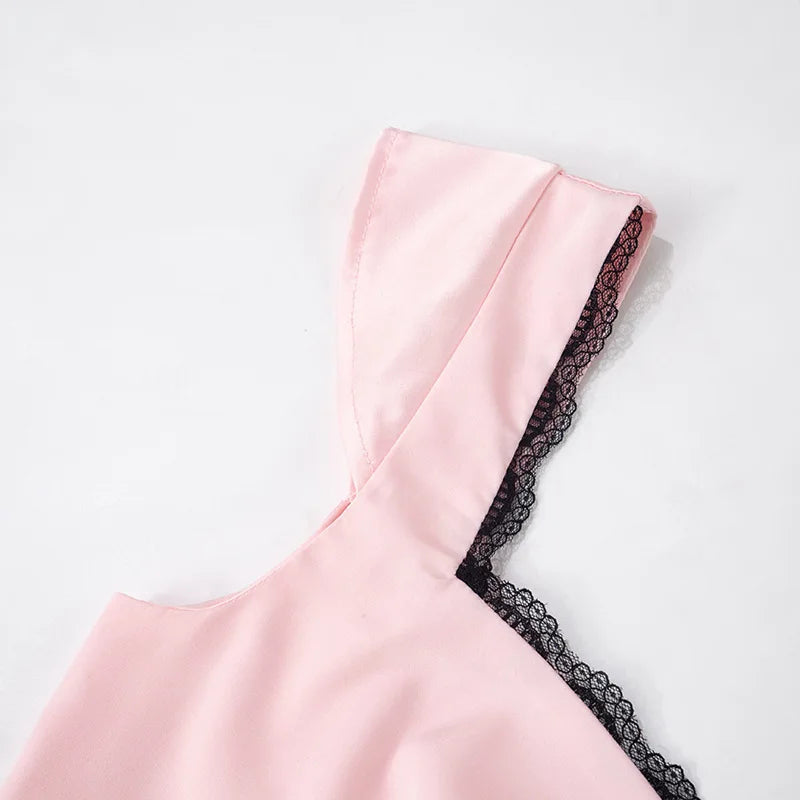 Aiertu  -  Patchwork Satin Sexy Square Collar Lace Women Dress Spaghetti Strap Mini Dress Female Spring Slim Elegant Party Clubwear Aiertu